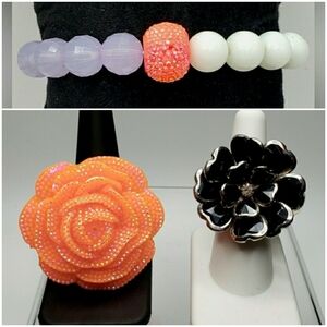 3 pc Lot Flower Stretch Rings Black Silver Set Orange Druzy Bracelet Purple MXL3